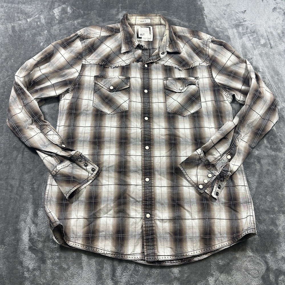 BKE Contour Pearl Snap Shirt Mens Large White Brown Plaid Western Cowboy